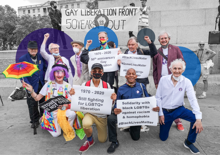 Group of diverse activists at Gay Liberation Front's 50th anniversary celebration in 2020, holding signs supporting Black Lives Matter and LGBTQ+ liberation, demonstrating continued solidarity.